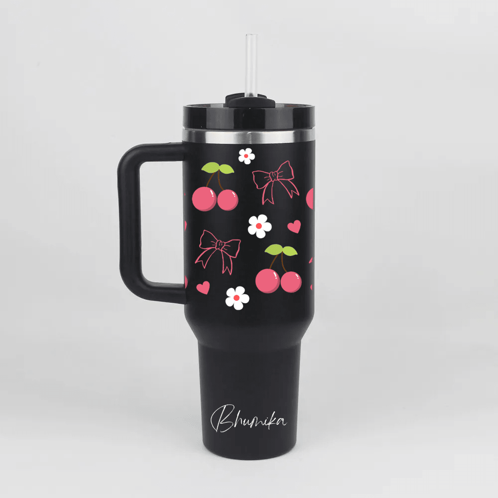 Personalized BerryBow™ Tumbler with Straw & Lid - Memories InsiteCHERRY & BOW DESIGN PRINTED TUMBLER-2
